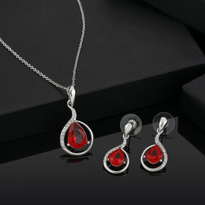 Estele - 24 KT Rhodium plated Pendant Set with Austrian Crystals Aand red stones for Women