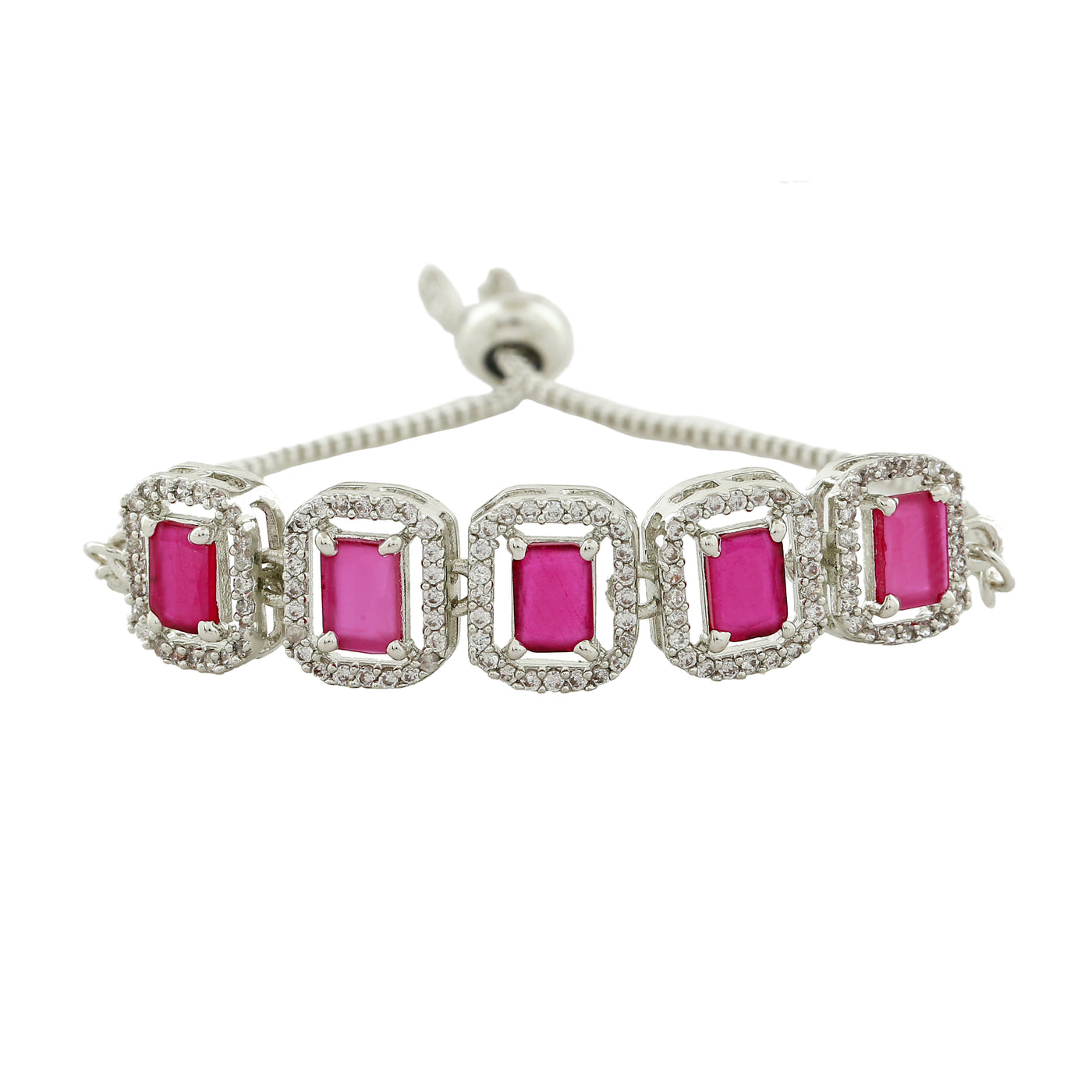 Estele Rhodium Plated CZ Ossum Octagon Bracelet with Ruby Crystals for Women