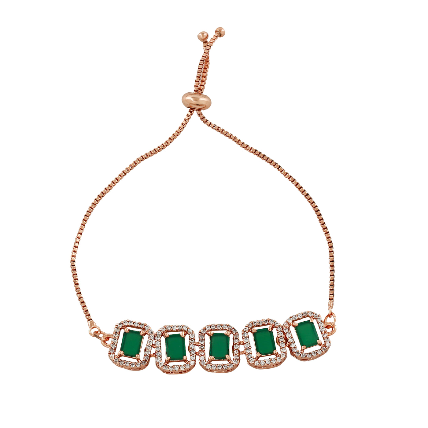 Estele Rose Gold Plated CZ Ossum Octagon Bracelet with Green Crystals for Women