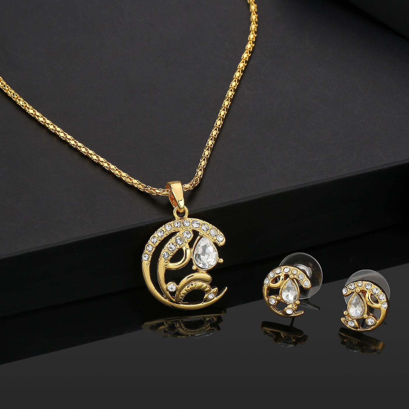 Estele Gold Plated- Crescent moon shaped with American DIamonds Pendant Set for Women