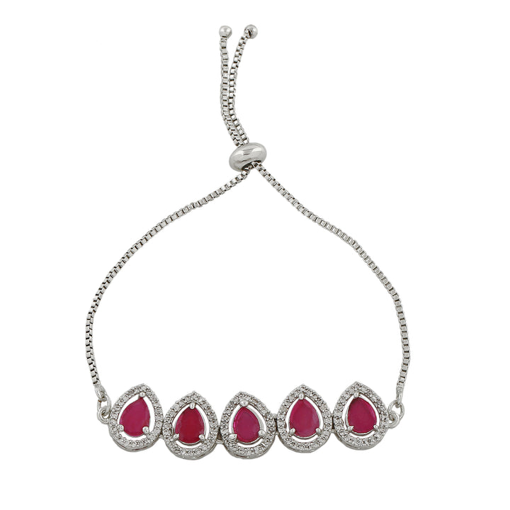 Estele Rhodium Plated CZ Precious Pears Bracelet with Ruby Crystals for Women