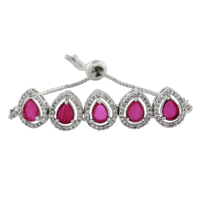 Estele Rhodium Plated CZ Precious Pears Bracelet with Ruby Crystals for Women