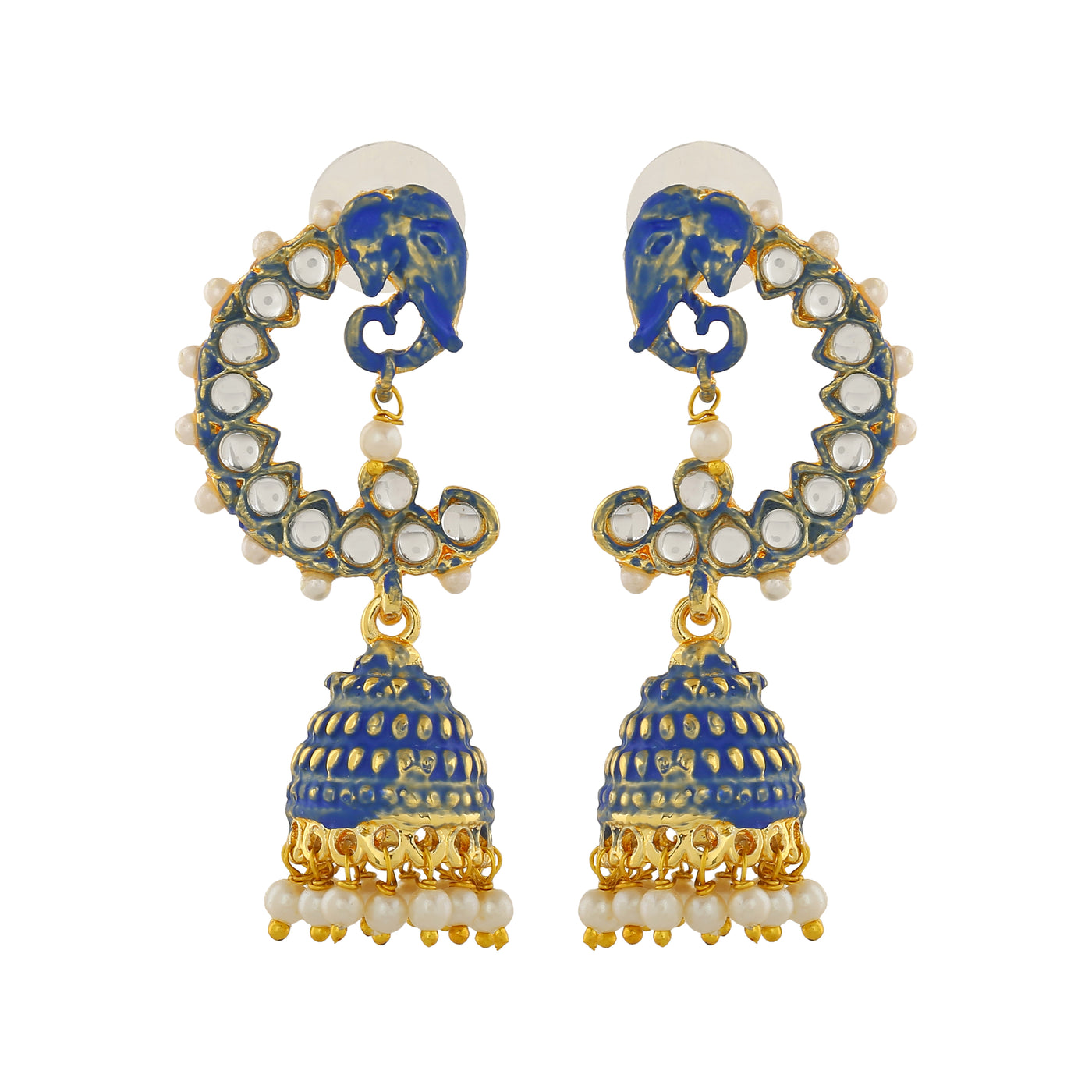 Estele Gold Plated Traditional Blue Meenakari Jhumka Earrings with Pearls for Women