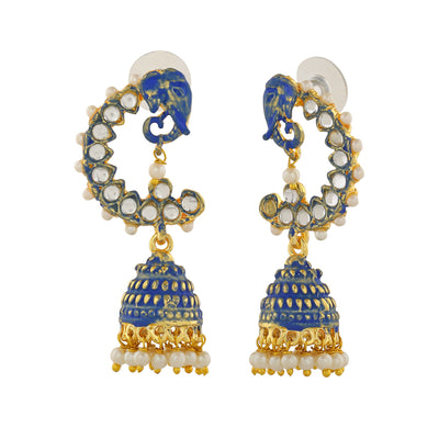 Estele Gold Plated Traditional Blue Meenakari Jhumka Earrings with Pearls for Women