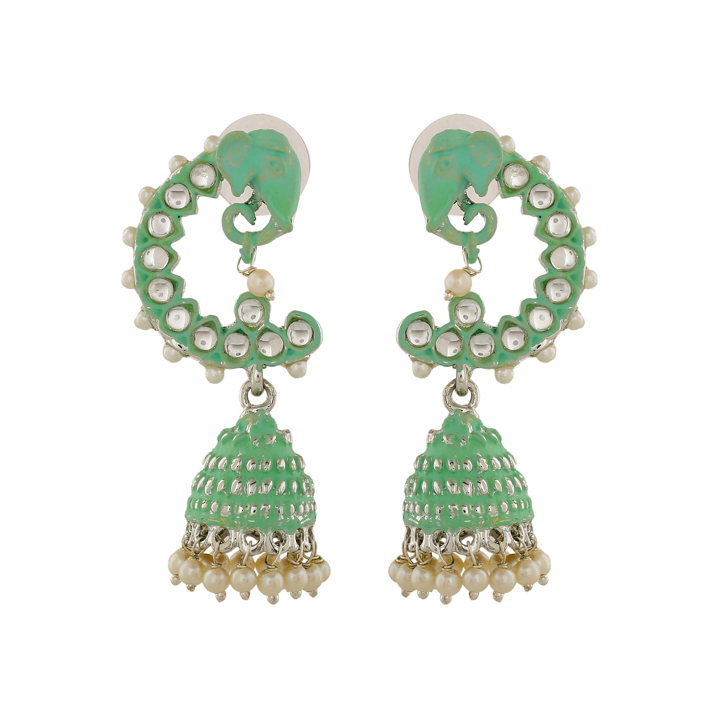 Estele Rhodium Plated Traditional Mint Green Meenakari Jhumka Earrings with Pearls for Women