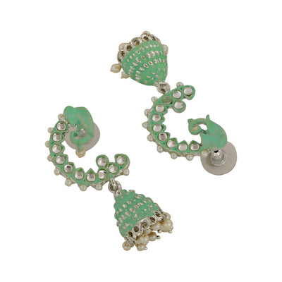Estele Rhodium Plated Traditional Mint Green Meenakari Jhumka Earrings with Pearls for Women
