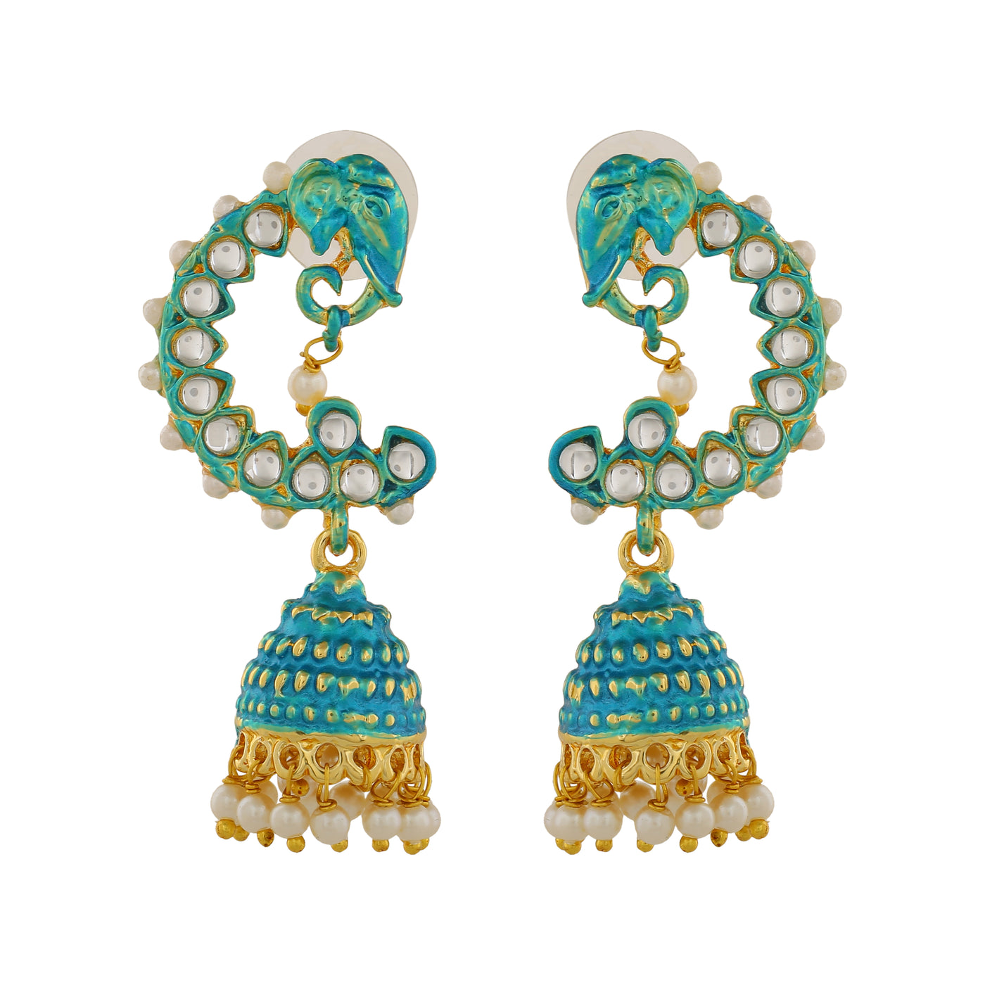 Estele Gold Plated Traditional Blue Meenakari Kundan Jhumka Earrings for Women