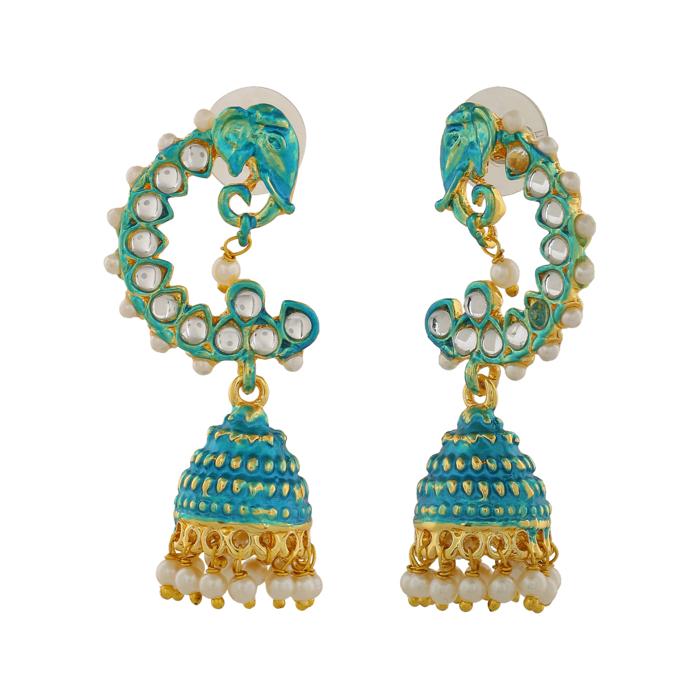 Estele Gold Plated Traditional Blue Meenakari Kundan Jhumka Earrings for Women