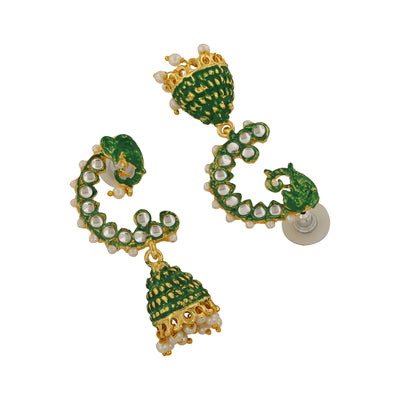 Estele Gold Plated Traditional Meenakari Jhumka Earrings with Green Enamel for Women