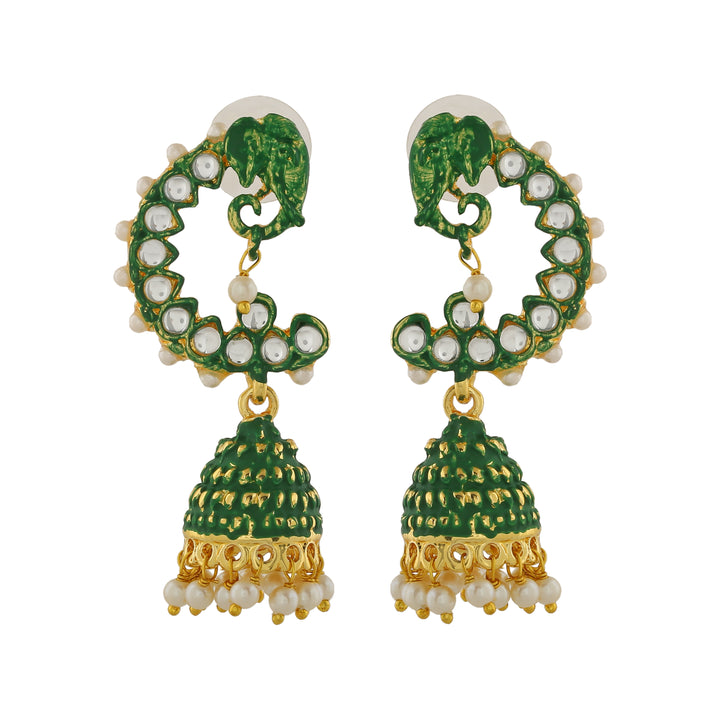Estele Gold Plated Traditional Meenakari Jhumka Earrings with Green Enamel for Women
