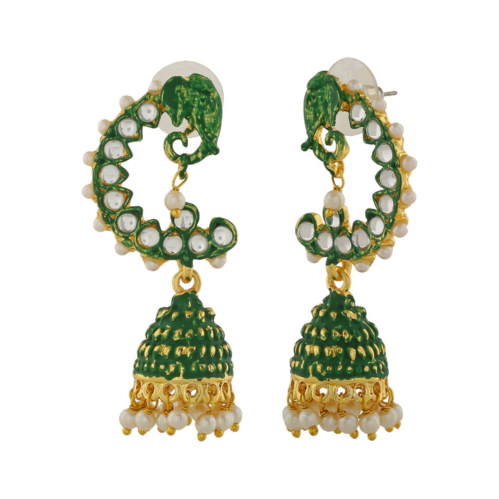Estele Gold Plated Traditional Meenakari Jhumka Earrings with Green Enamel for Women