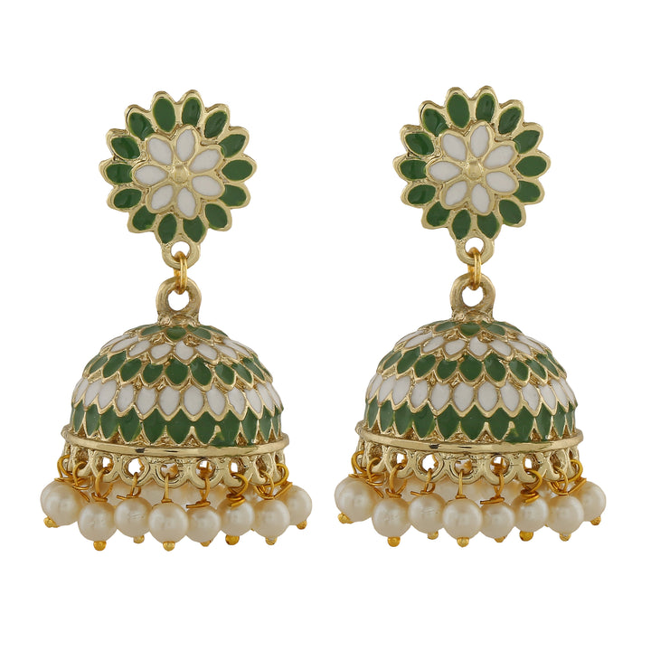 Estele Gold Plated Traditional Green Meenakari Jhumka Earring with Pearls for Women