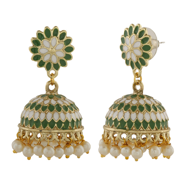 Estele Gold Plated Traditional Green Meenakari Jhumka Earring with Pearls for Women