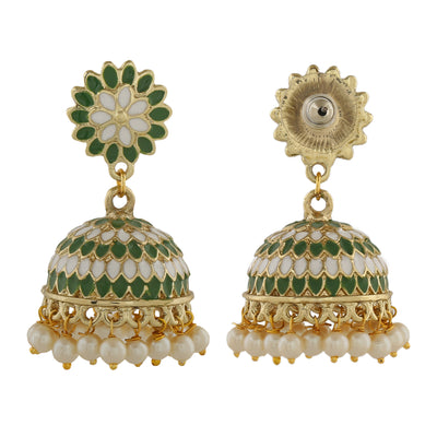 Estele Gold Plated Traditional Green Meenakari Jhumka Earring with Pearls for Women