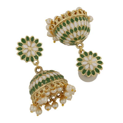 Estele Gold Plated Traditional Green Meenakari Jhumka Earring with Pearls for Women