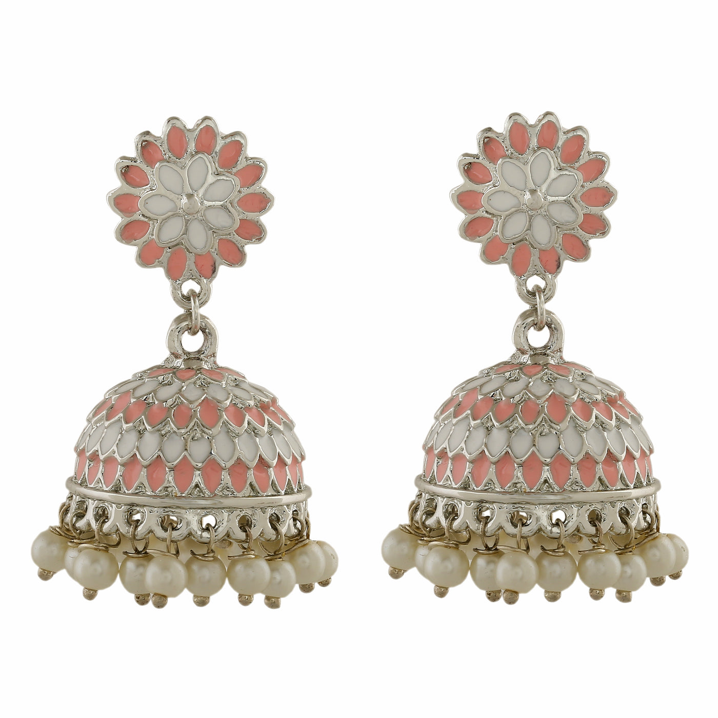 Estele Rhodium Plated Traditional Pink & White Meenakari Jhumka Earrings with Pearl for Women