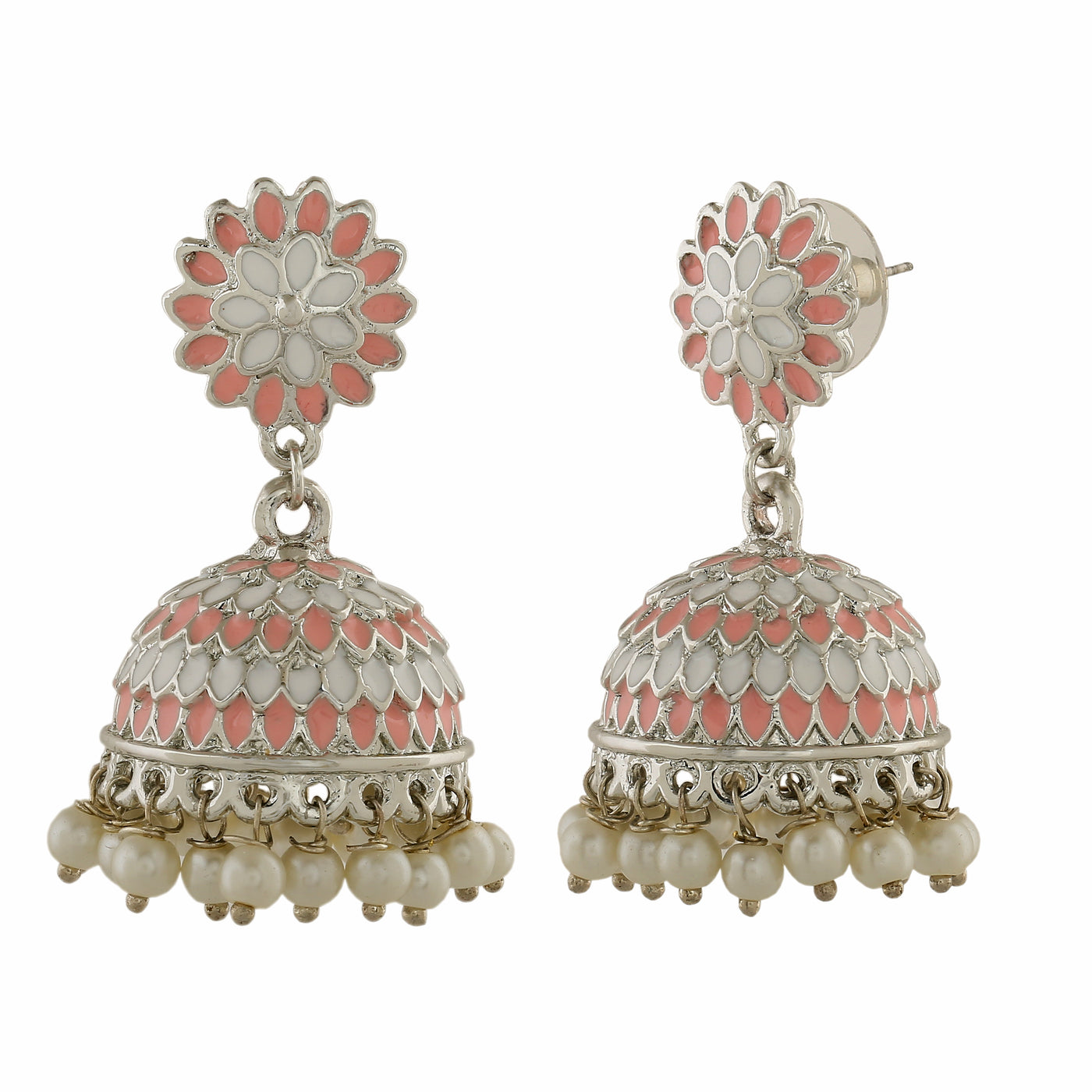 Estele Rhodium Plated Traditional Pink & White Meenakari Jhumka Earrings with Pearl for Women