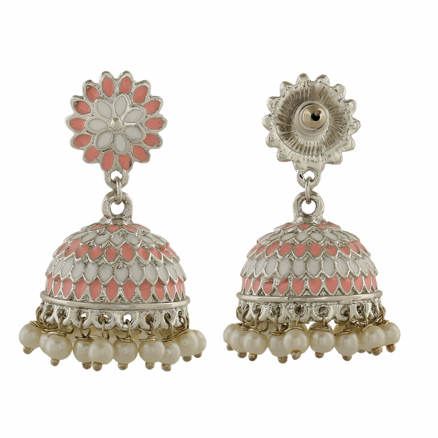 Estele Rhodium Plated Traditional Pink & White Meenakari Jhumka Earrings with Pearl for Women