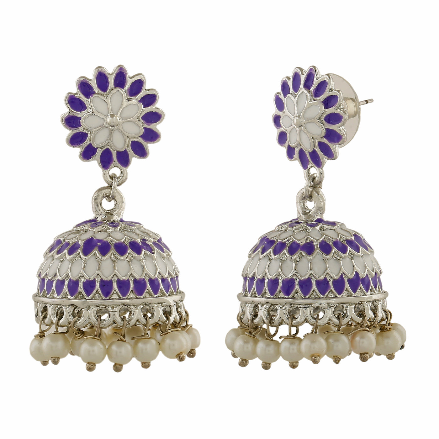 Estele Rhodium Plated Traditional Violet Meenakari Jhumka Earrings with Pearls for Women