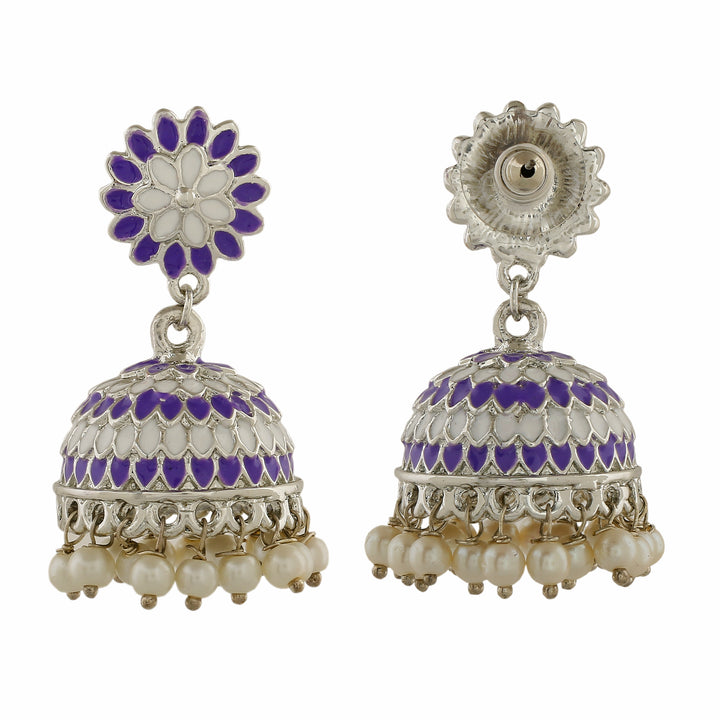 Estele Rhodium Plated Traditional Violet Meenakari Jhumka Earrings with Pearls for Women