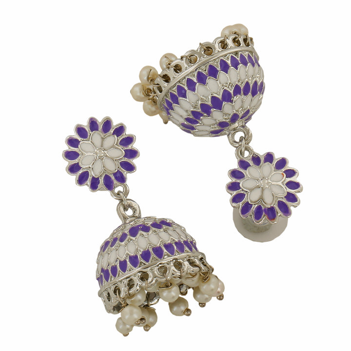 Estele Rhodium Plated Traditional Violet Meenakari Jhumka Earrings with Pearls for Women