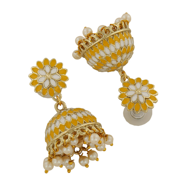 Estele Gold Plated Traditional Yellow Meenakari Jhumka Earrings with Pearls for Women
