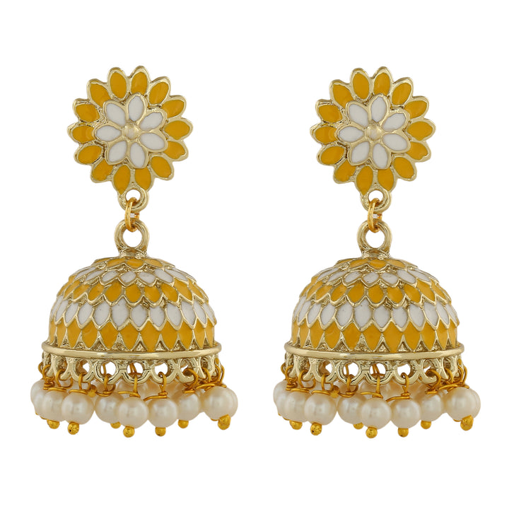 Estele Gold Plated Traditional Yellow Meenakari Jhumka Earrings with Pearls for Women