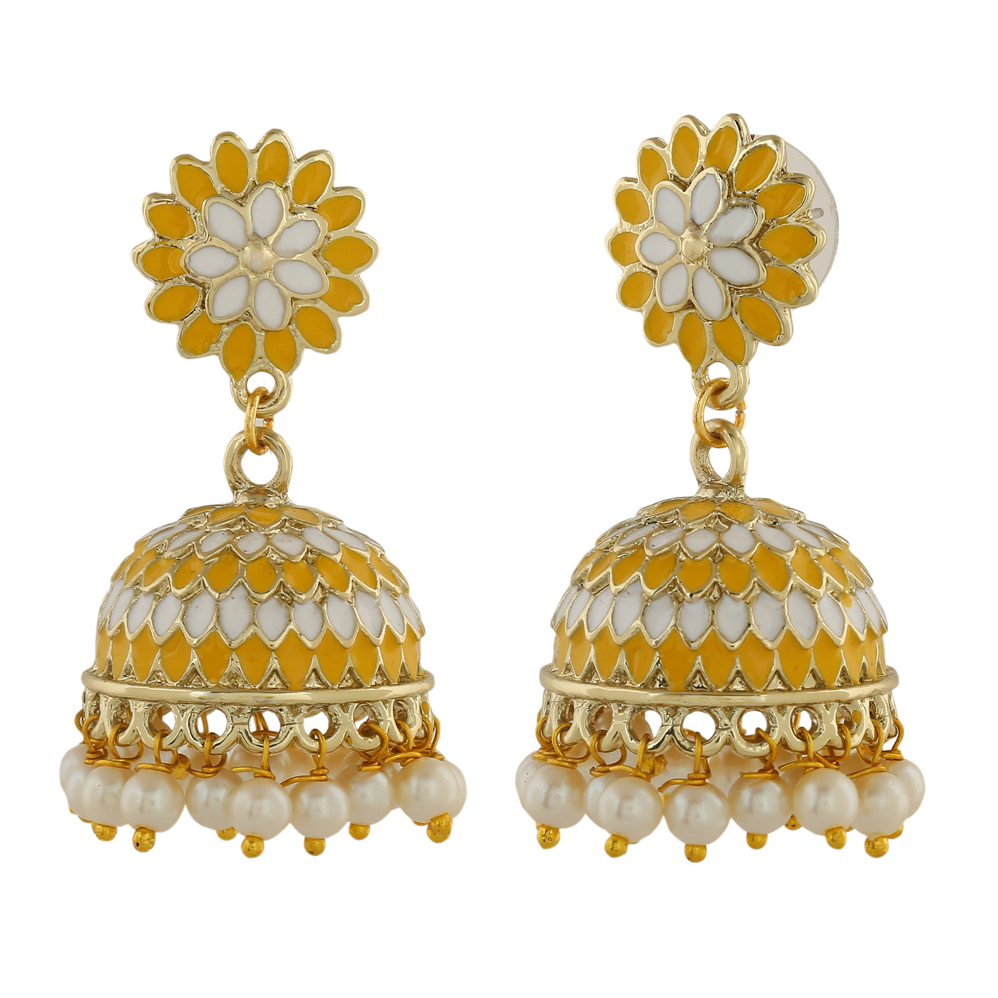 Estele Gold Plated Traditional Yellow Meenakari Jhumka Earrings with Pearls for Women