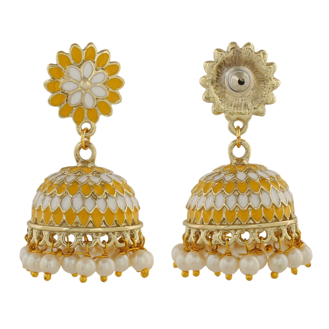 Estele Gold Plated Traditional Yellow Meenakari Jhumka Earrings with Pearls for Women