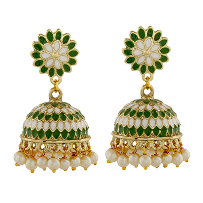 Estele Gold Plated Traditional Green Meenakari Jhumka Earrings with Pearls for Women