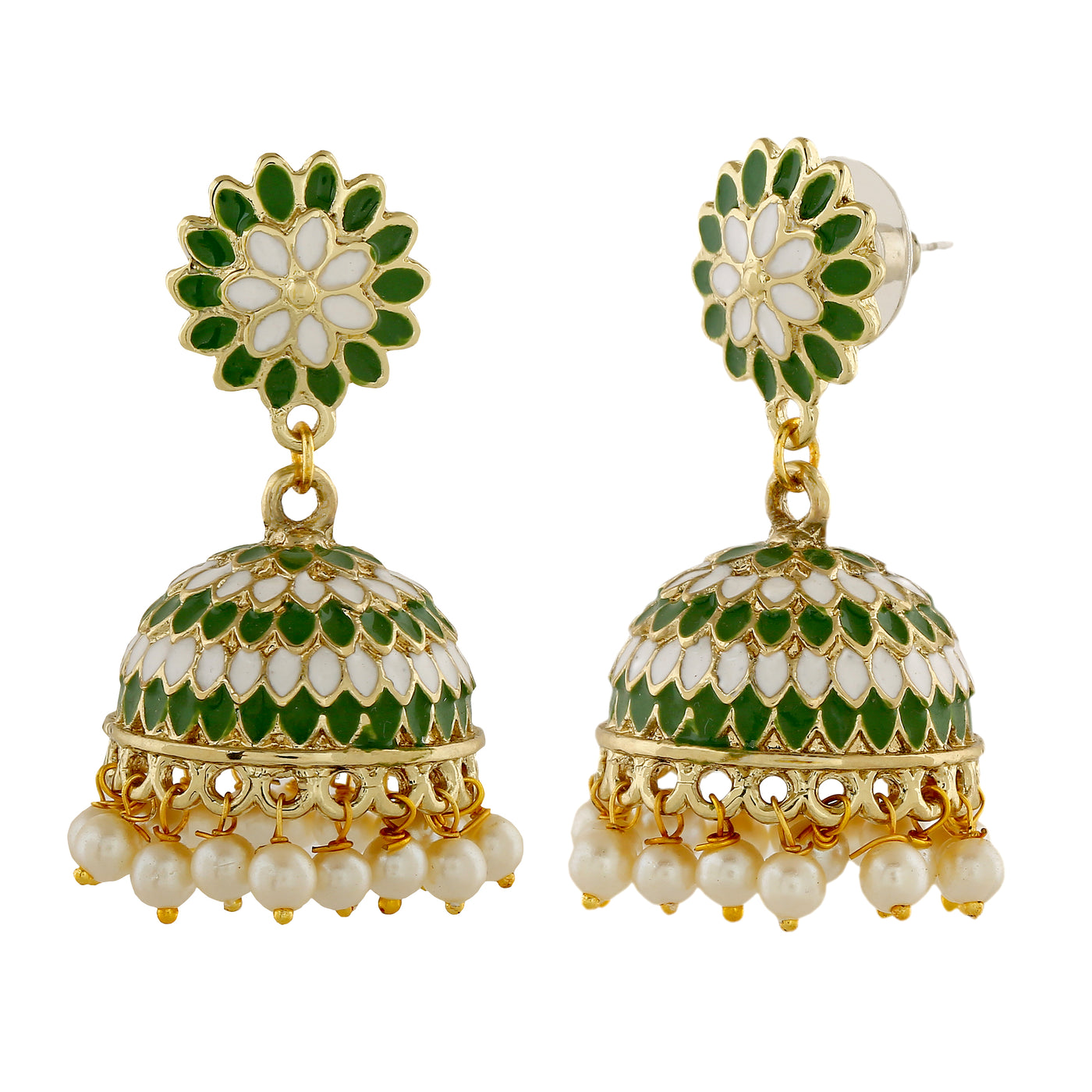 Estele Gold Plated Traditional Green Meenakari Jhumka Earrings with Pearls for Women