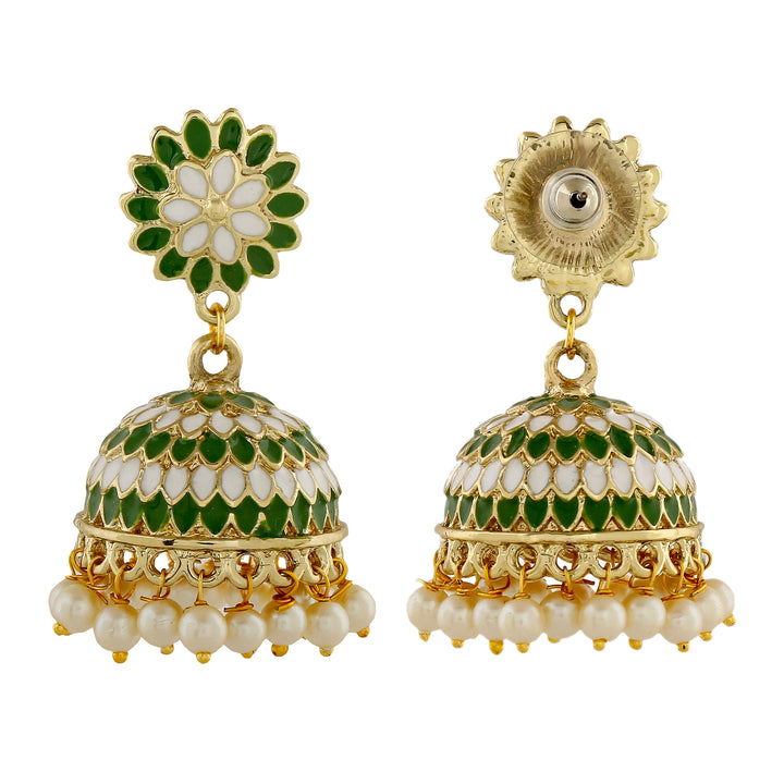 Estele Gold Plated Traditional Green Meenakari Jhumka Earrings with Pearls for Women