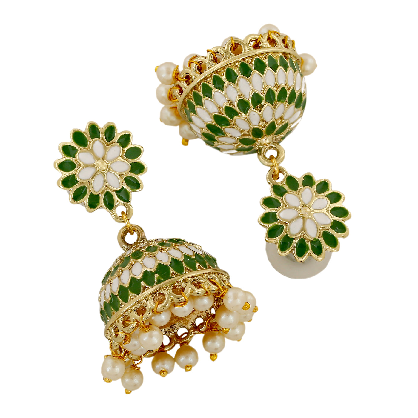 Estele Gold Plated Traditional Green Meenakari Jhumka Earrings with Pearls for Women