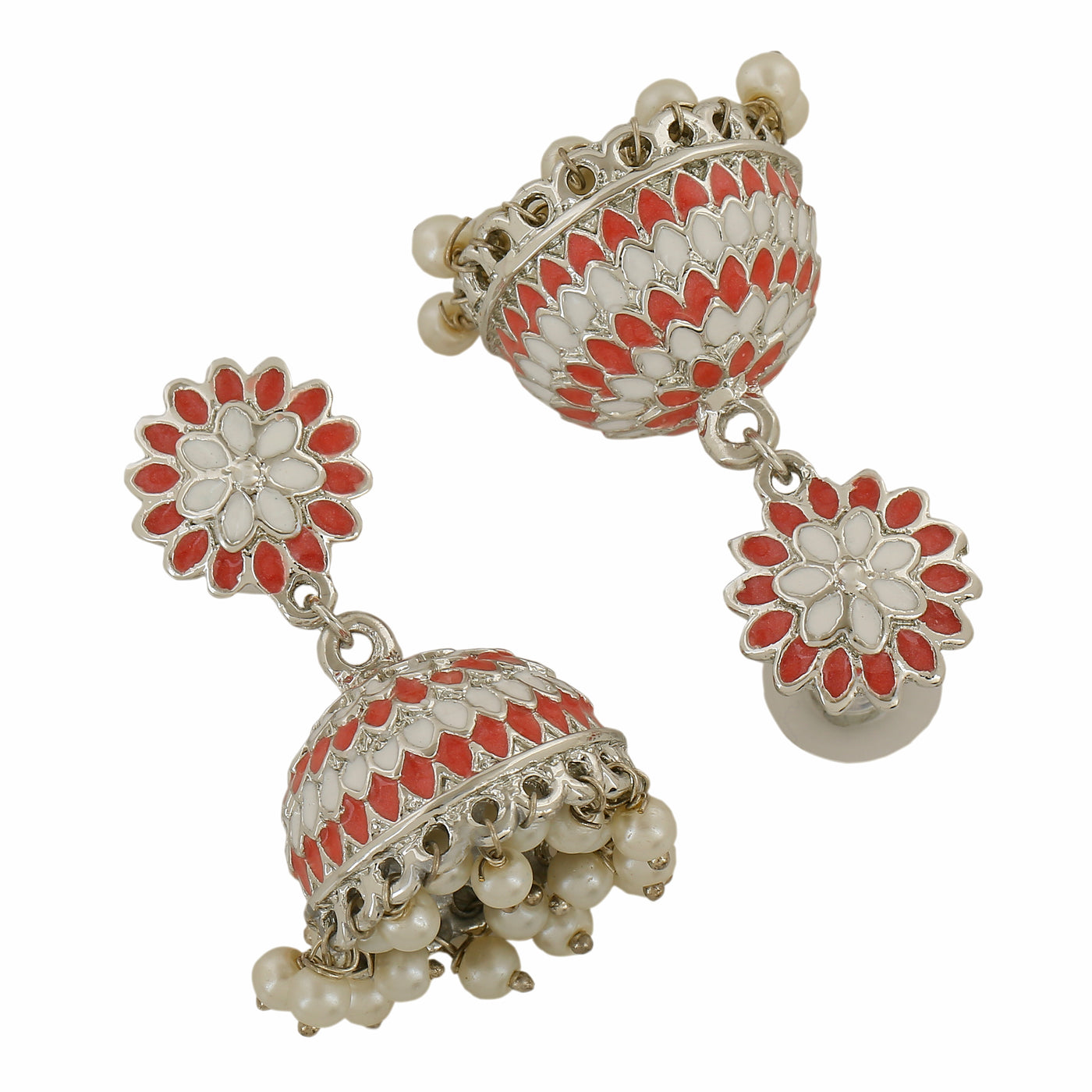 Estele Rhodium Plated Traditional Pink & White Meenakari Jhumka Earrings with Pearls Women