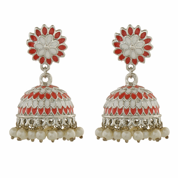 Estele Rhodium Plated Traditional Pink & White Meenakari Jhumka Earrings with Pearls Women