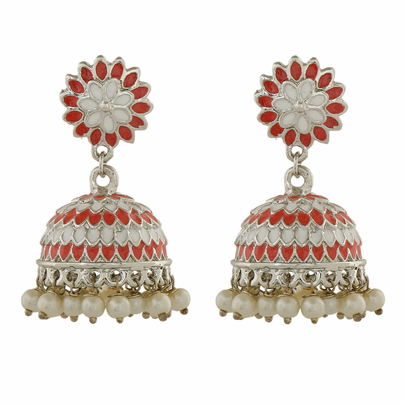 Estele Rhodium Plated Traditional Pink & White Meenakari Jhumka Earrings with Pearls Women