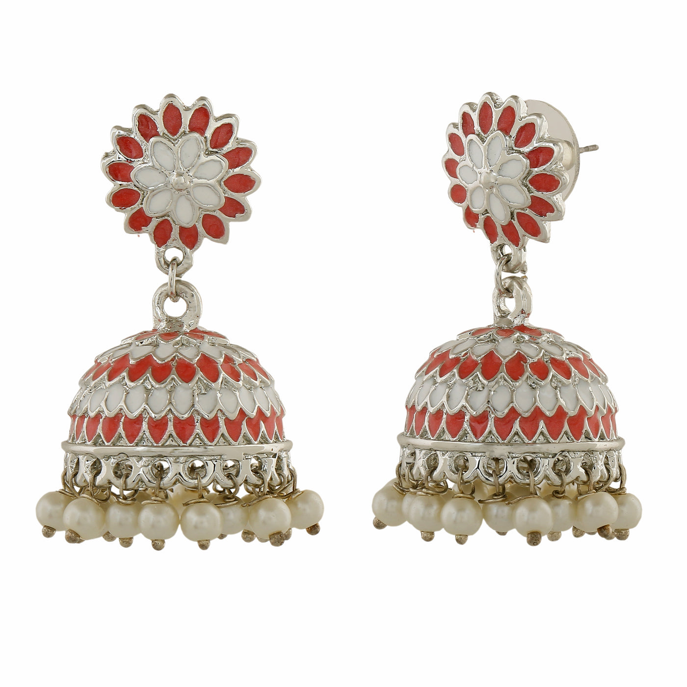 Estele Rhodium Plated Traditional Pink & White Meenakari Jhumka Earrings with Pearls Women
