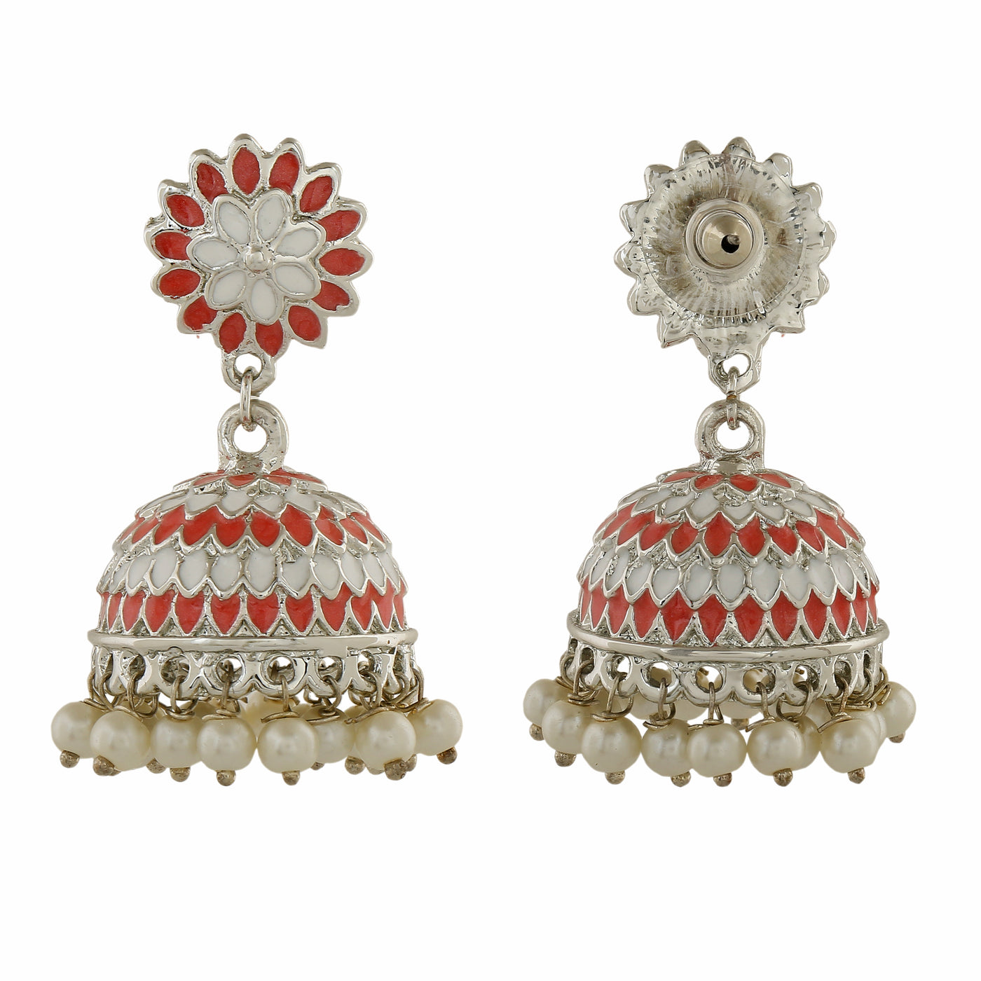 Estele Rhodium Plated Traditional Pink & White Meenakari Jhumka Earrings with Pearls Women