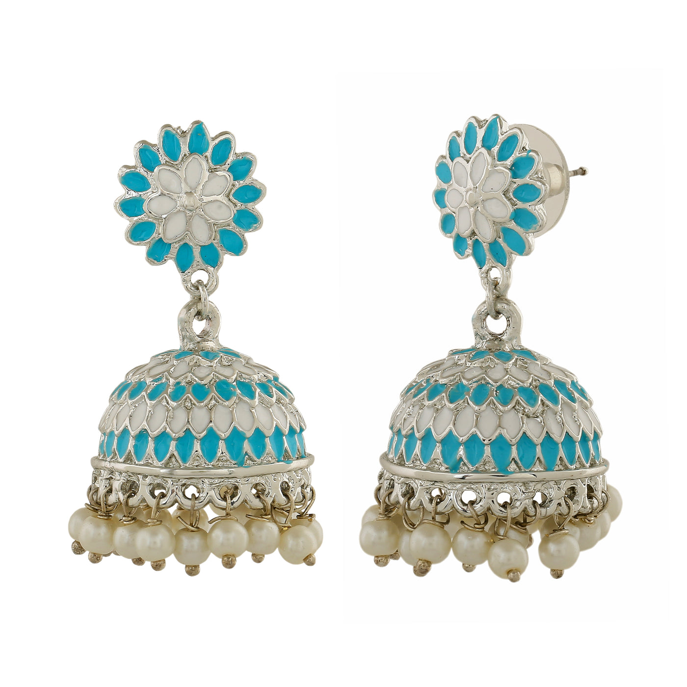 Estele Rhodium Plated Traditional Blue & white Meenakari Jhumki Earrings with Pearl for Women