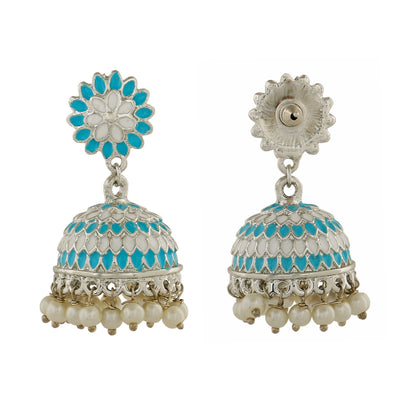 Estele Rhodium Plated Traditional Blue & white Meenakari Jhumki Earrings with Pearl for Women