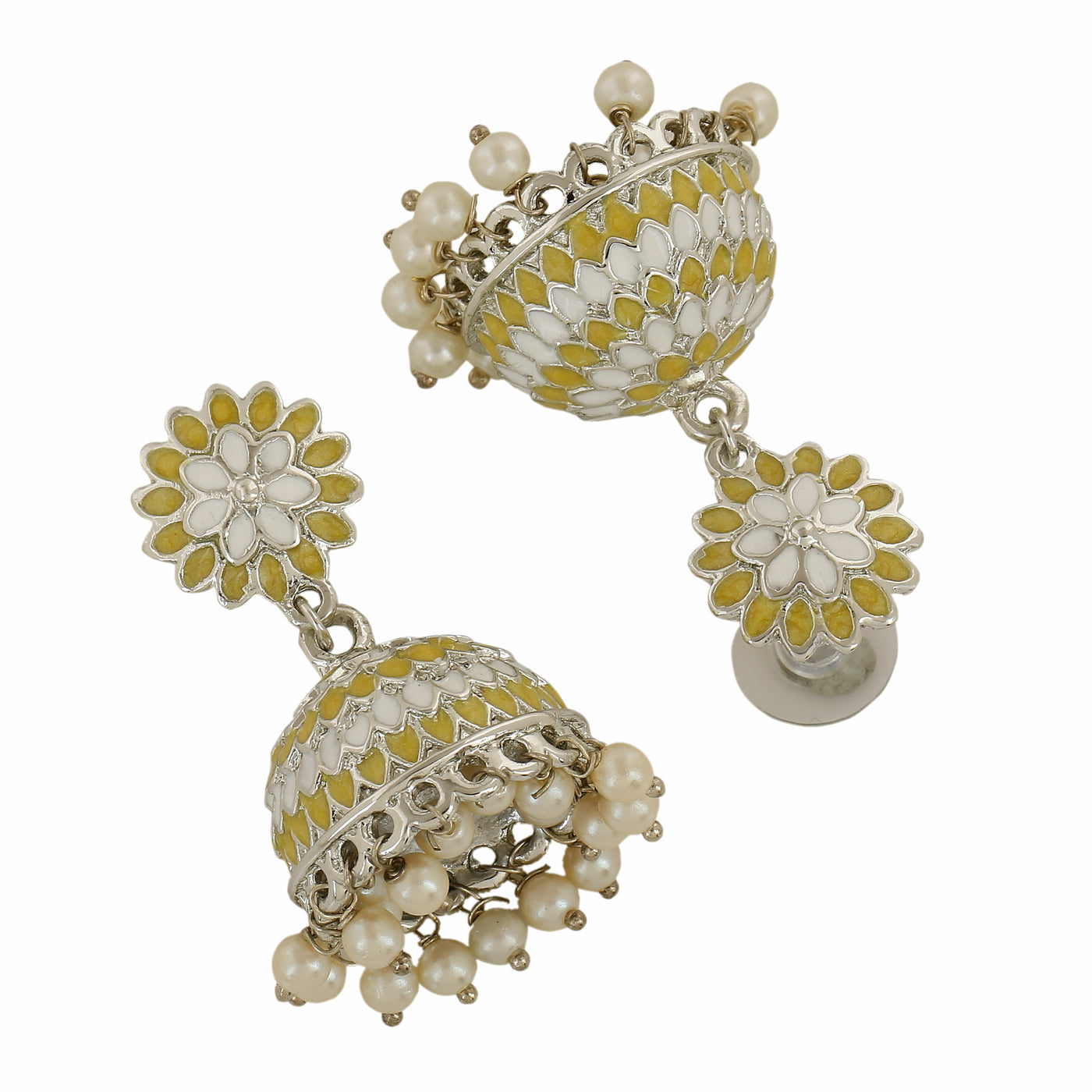 Estele Rhodium Plated Traditional Yellow & White Meenakari Jhumka Earrings with Pearls for Women