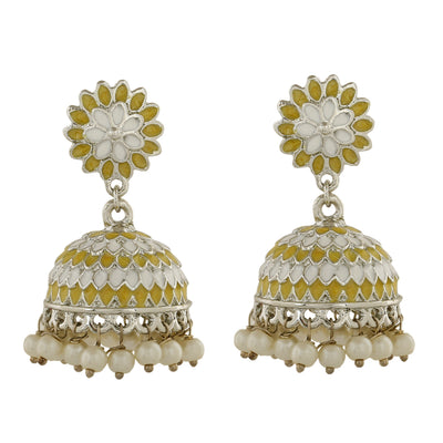 Estele Rhodium Plated Traditional Yellow & White Meenakari Jhumka Earrings with Pearls for Women