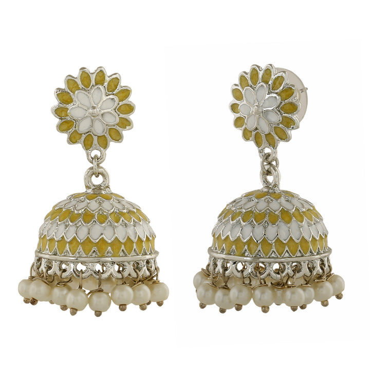 Estele Rhodium Plated Traditional Yellow & White Meenakari Jhumka Earrings with Pearls for Women
