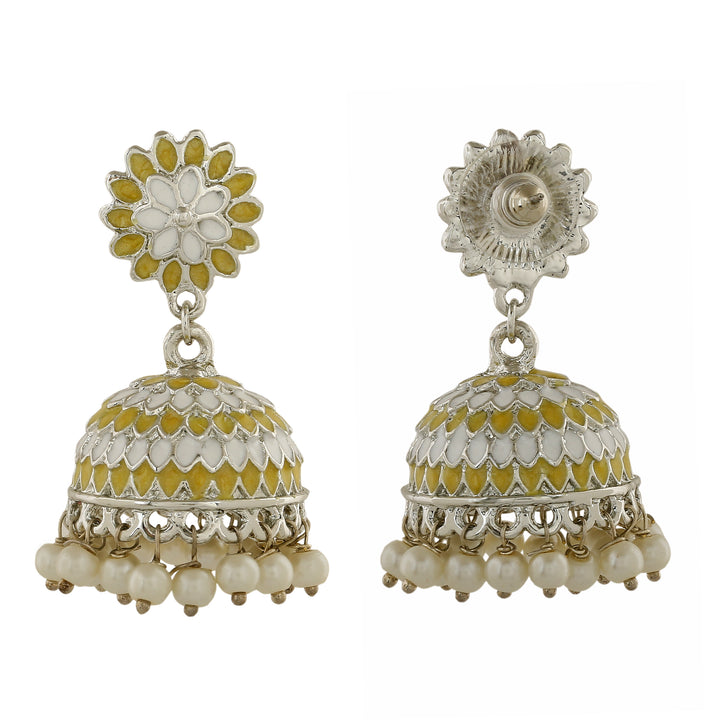 Estele Rhodium Plated Traditional Yellow & White Meenakari Jhumka Earrings with Pearls for Women
