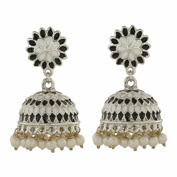Estele Rhodium Plated Traditional Black Meenakari Jhumka Earrings with Pearl for Women