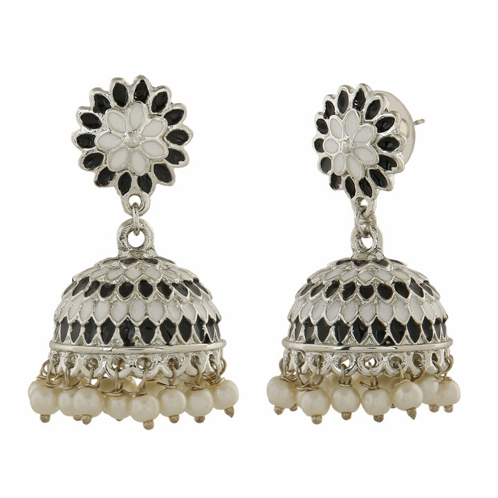 Estele Rhodium Plated Traditional Black Meenakari Jhumka Earrings with Pearl for Women