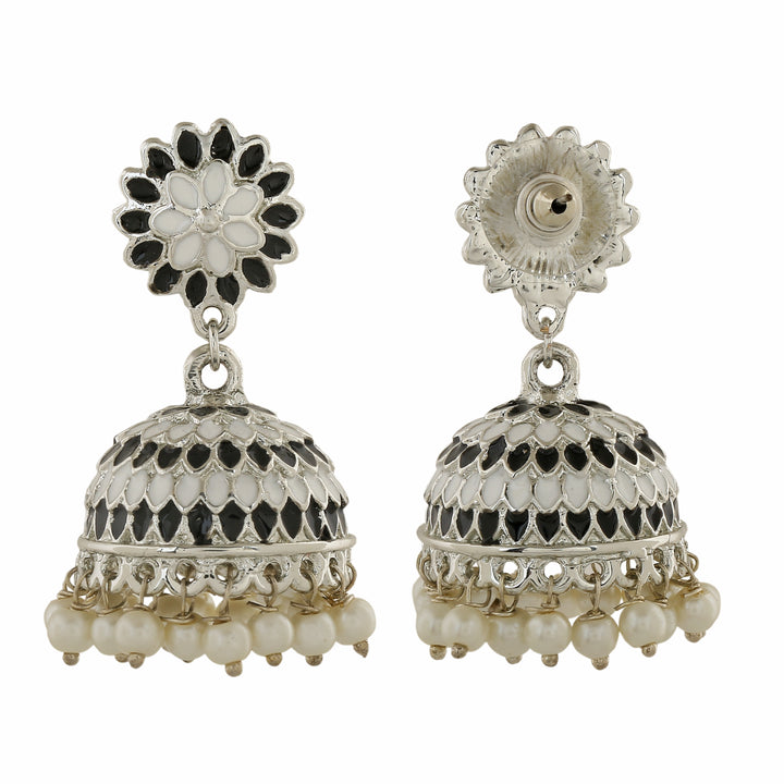 Estele Rhodium Plated Traditional Black Meenakari Jhumka Earrings with Pearl for Women