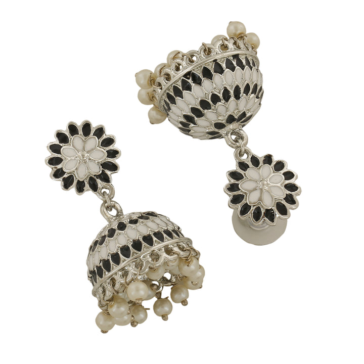 Estele Rhodium Plated Traditional Black Meenakari Jhumka Earrings with Pearl for Women