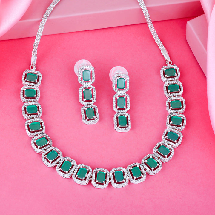 Estele Rhodium Plated CZ Ossum Octagon Necklace Set with Emerald Stones for Women