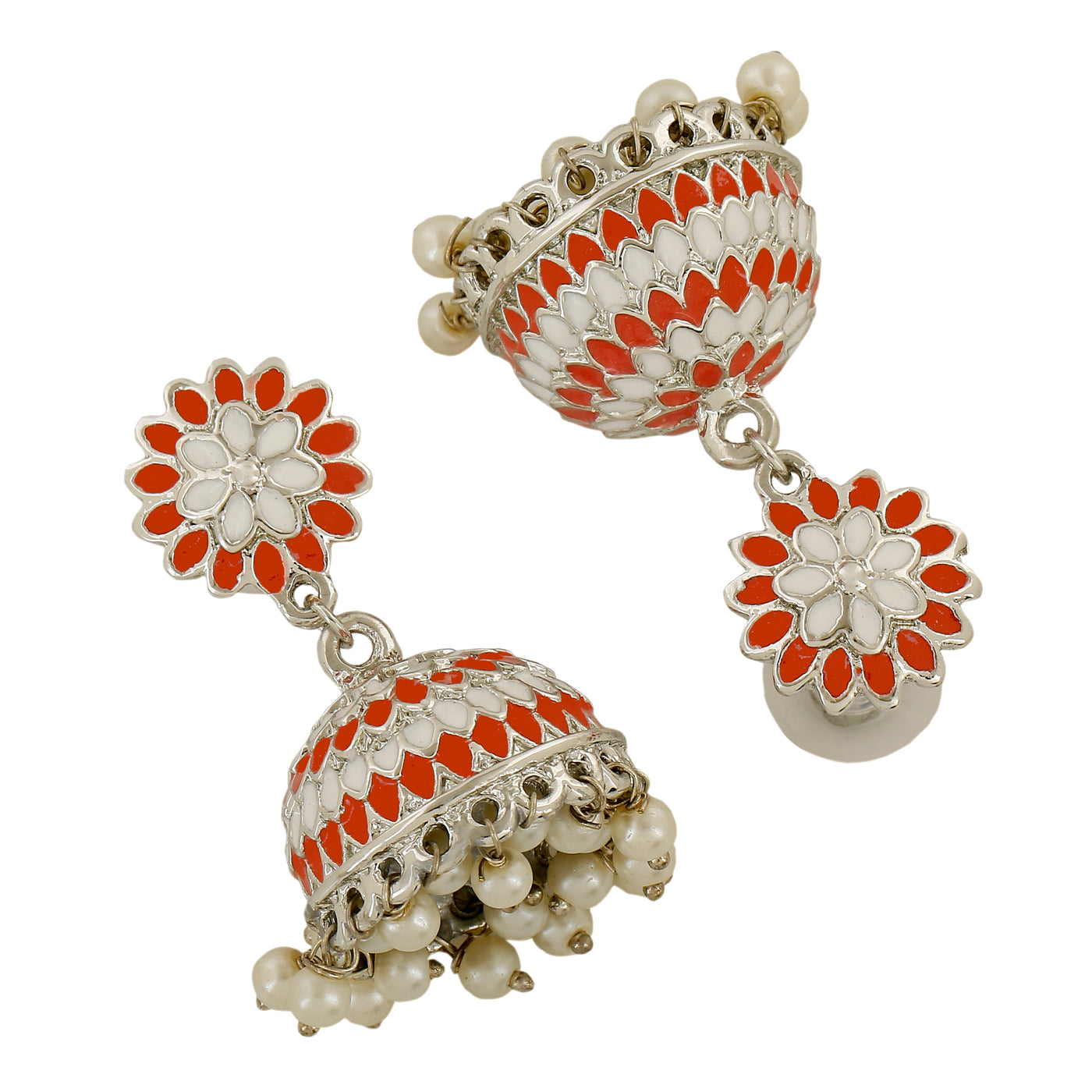 Estele Rhodium Plated Traditional Orange Meenakari Jhumka Earrings with Pearls for Women